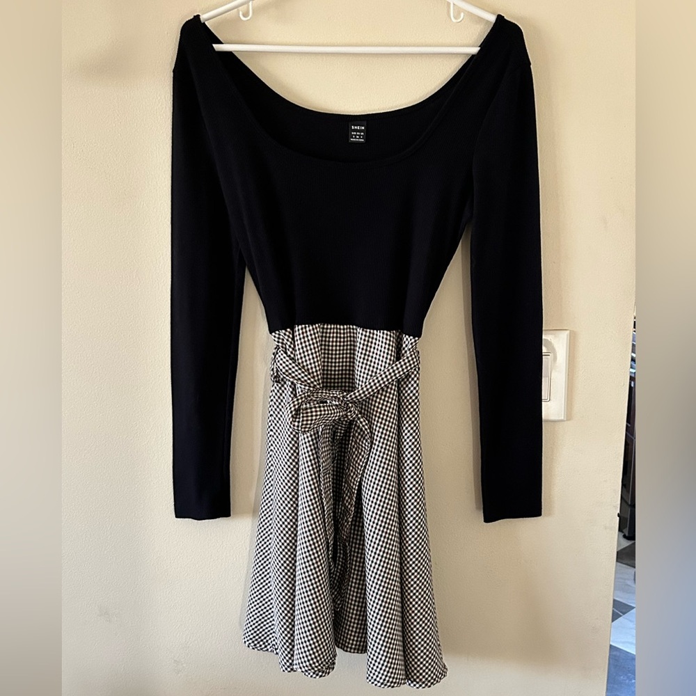 SHEIN-{Size S/4}-Long Sleeve Black Top with Black/Brown and white plaid skirt.